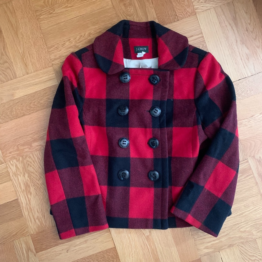 J Crew Red Black Buffalo Check Plaid Peacoat